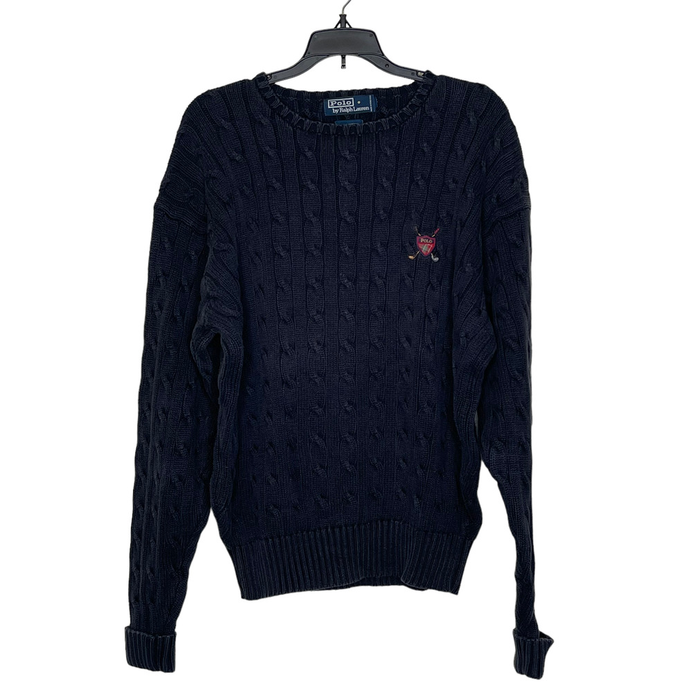 Polo Ralph Lauren Cable Knit Sweater Size Medium Navy Mens Golf Logo 100% Cotton